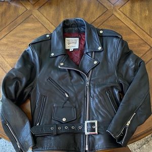 Black leather motorcycle jacket.